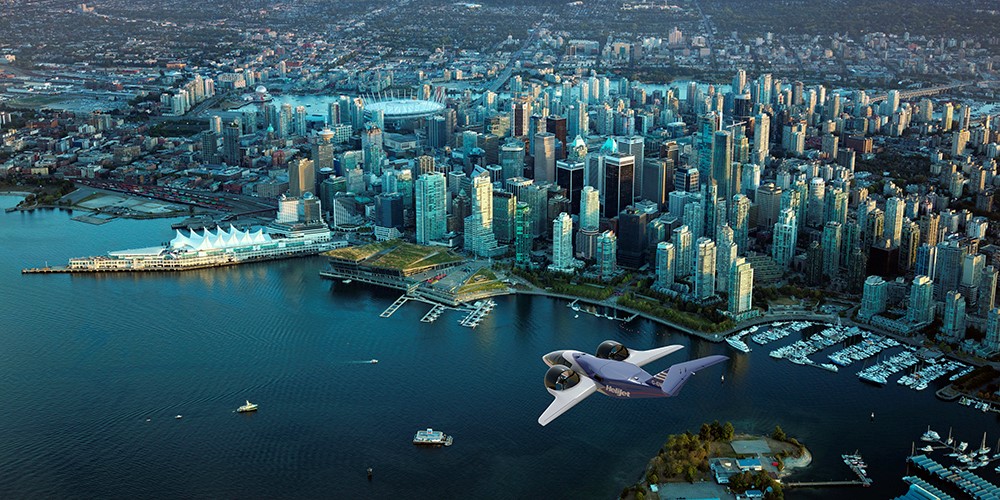 Artist Rendering of possible Advanced Air Mobility technology over downtown Vancouver