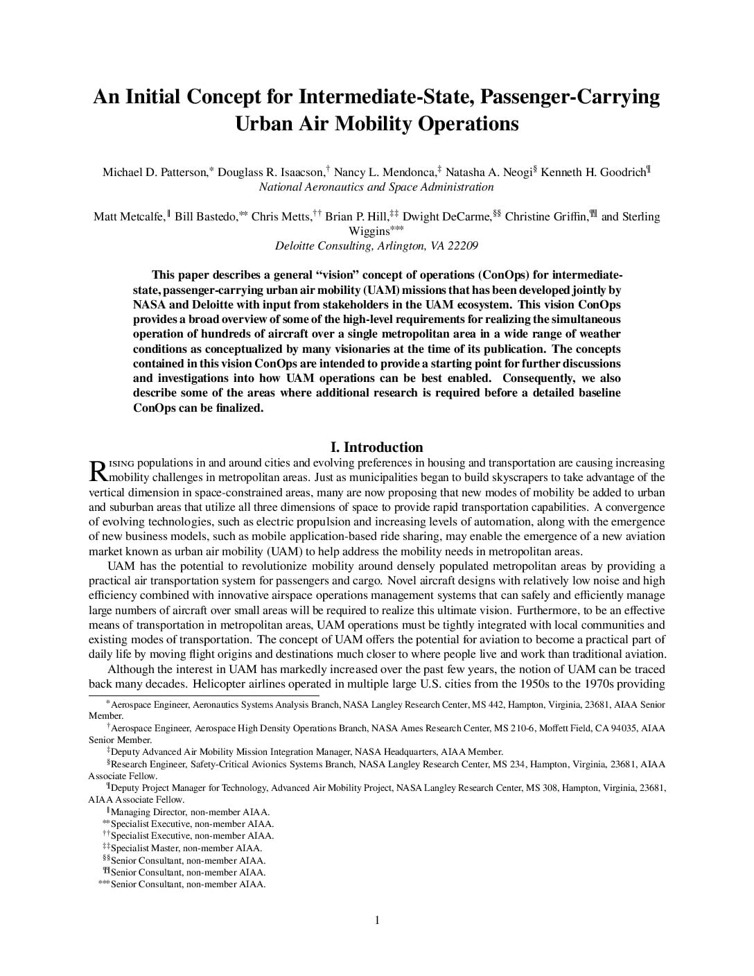 NASA – Concept for Intermediate-State, Passenger-Carrying Urban Air Mobility Operations